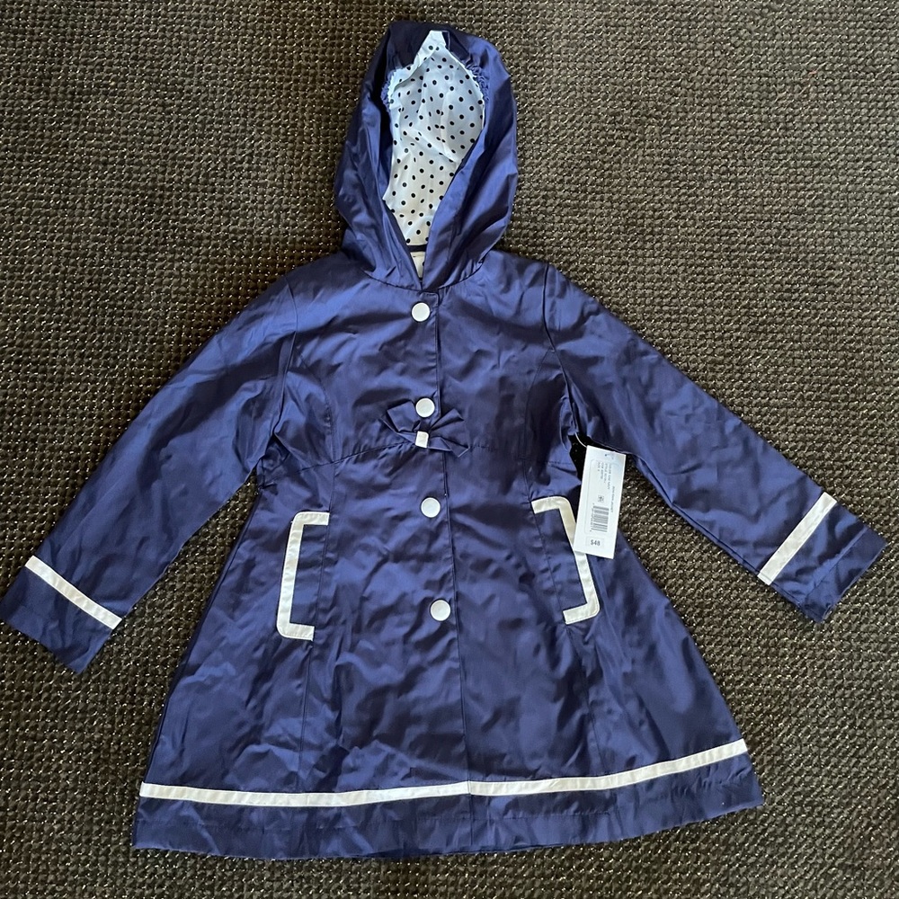 Girls size 6 rain jacket, navy inside polka dots, NWT
